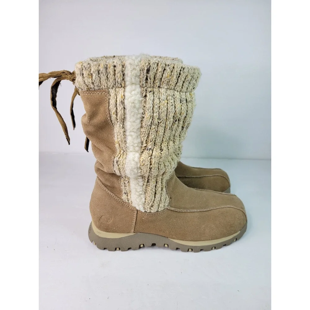 Skechers SN 46099 Women Sand Suede Marled Knit Faux Fur Mid Calf Boots Size 5.5
